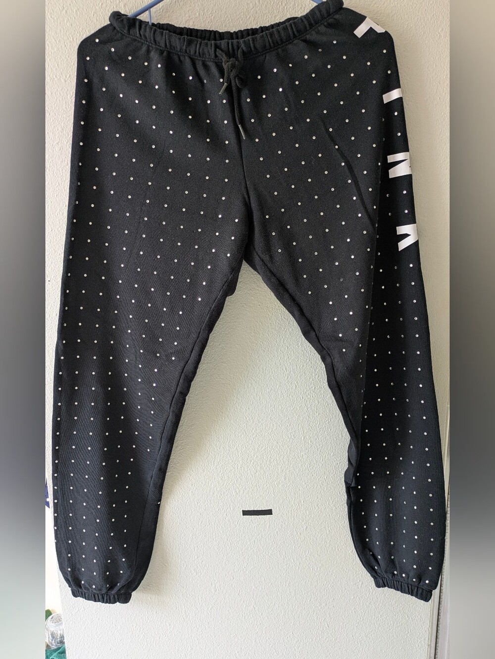 Rare Victorias Secret Pink GRAPHIC RHINESTONE BLING Campus Pant Sweat Pants  XS